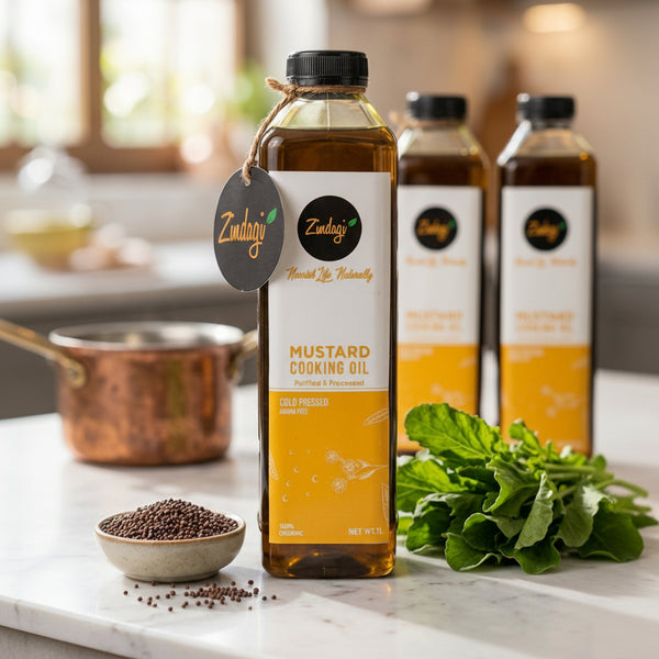 Bottle of Zindagi Mustard Cooking Oil on a kitchen counter with ingredients.