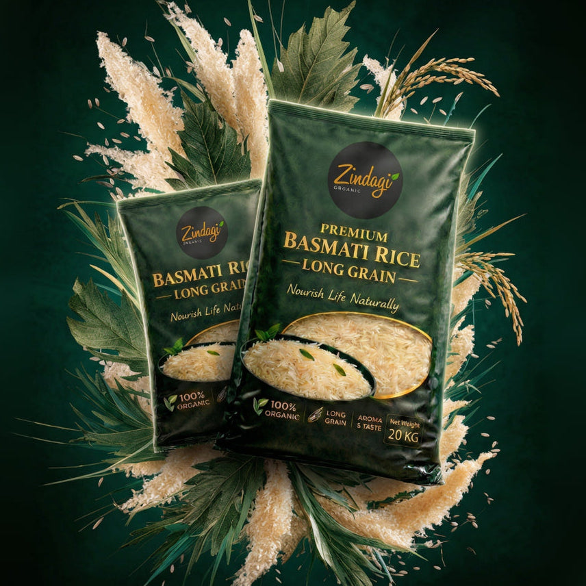 Two packages of Organic  Zindagi Premium Basmati Rice on a dark green background with rice grains and leaves.