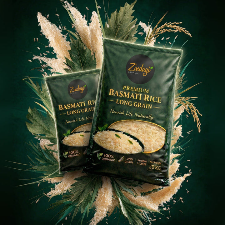 Two packages of Organic  Zindagi Premium Basmati Rice on a dark green background with rice grains and leaves.