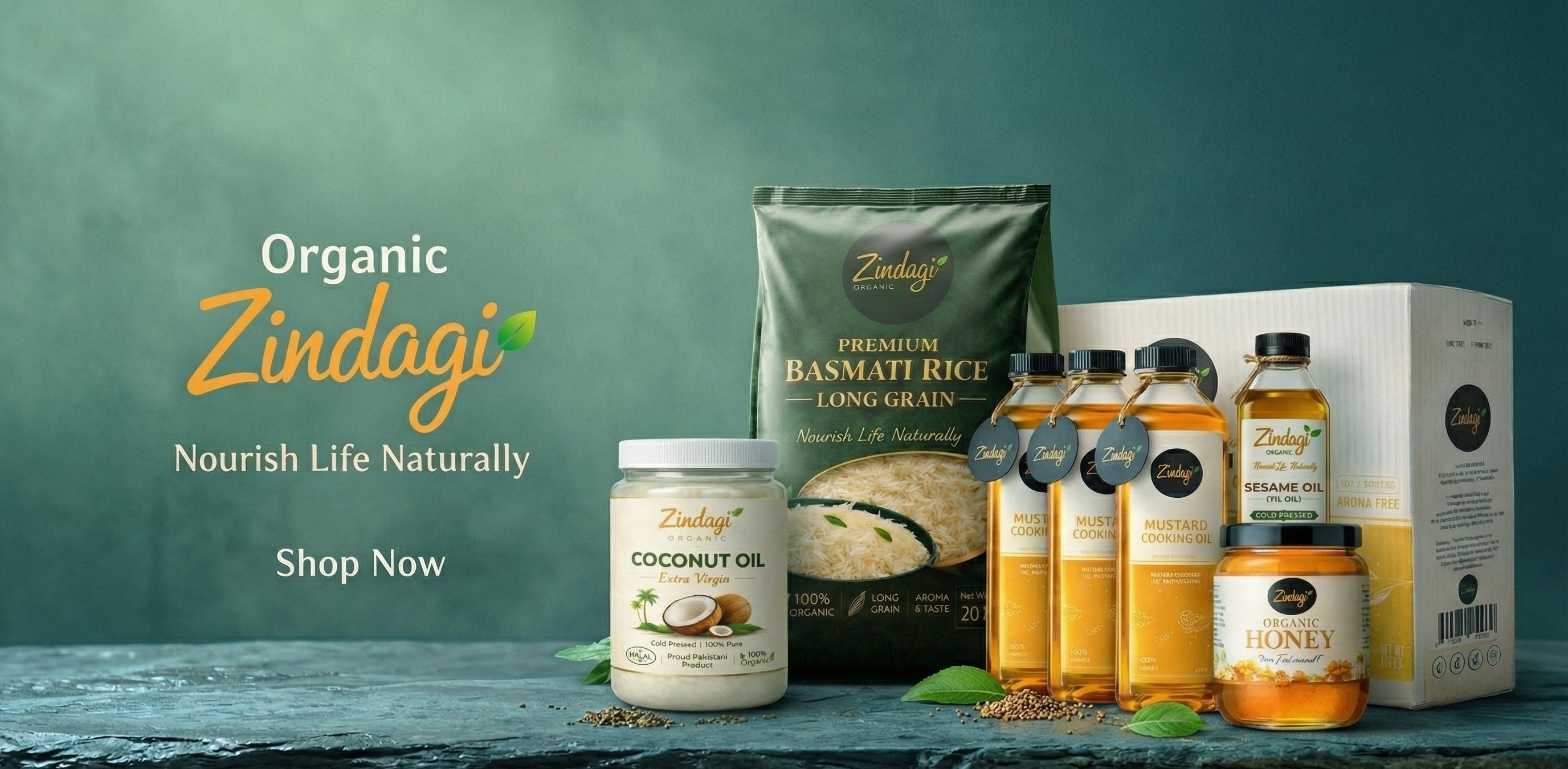 Organic Zindagi products including rice, coconut oil, honey, and other items 