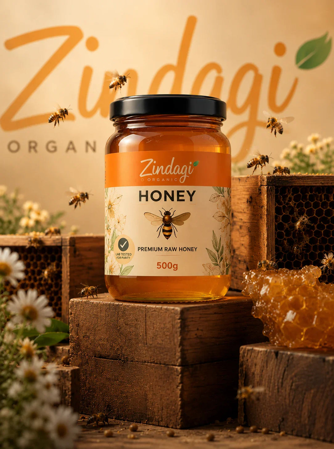 Zindagi Organic Premium Raw Honey 500g jar with bees, honeycomb, and flowers — lab tested for purity