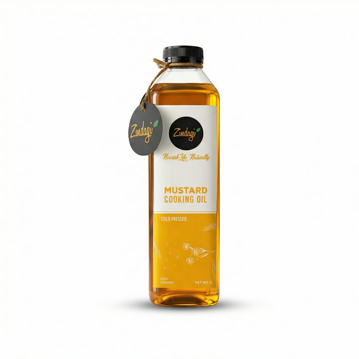 Bottle of Zindagi Mustard Cooking Oil with a label on a white background