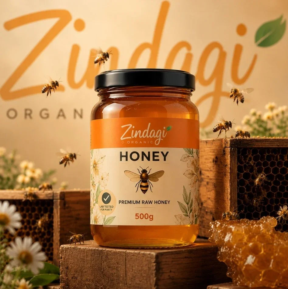 Organic Zindagi Premium Raw Honey – 500g jar, lab tested, pure & natural with bees and honeycomb Pakistan