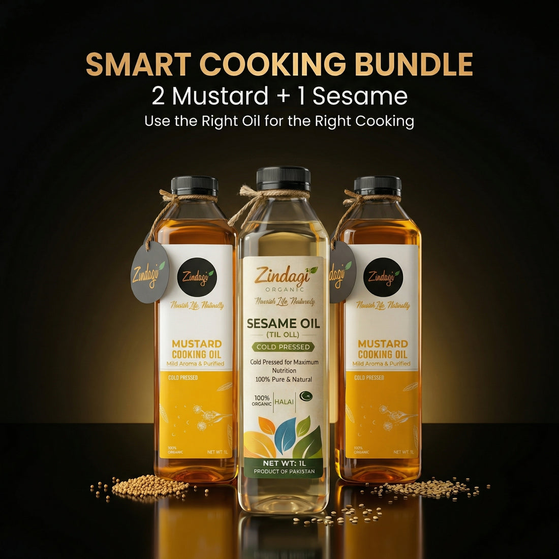 organic Zindagi Smart Cooking Bundle (3 Bottles) 2 Mild Aroma Mustard Oil + 1 Sesame Oil