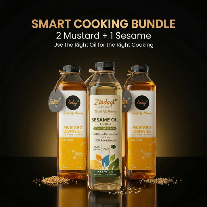 organic Zindagi Smart Cooking Bundle (3 Bottles) 2 Mild Aroma Mustard Oil + 1 Sesame Oil