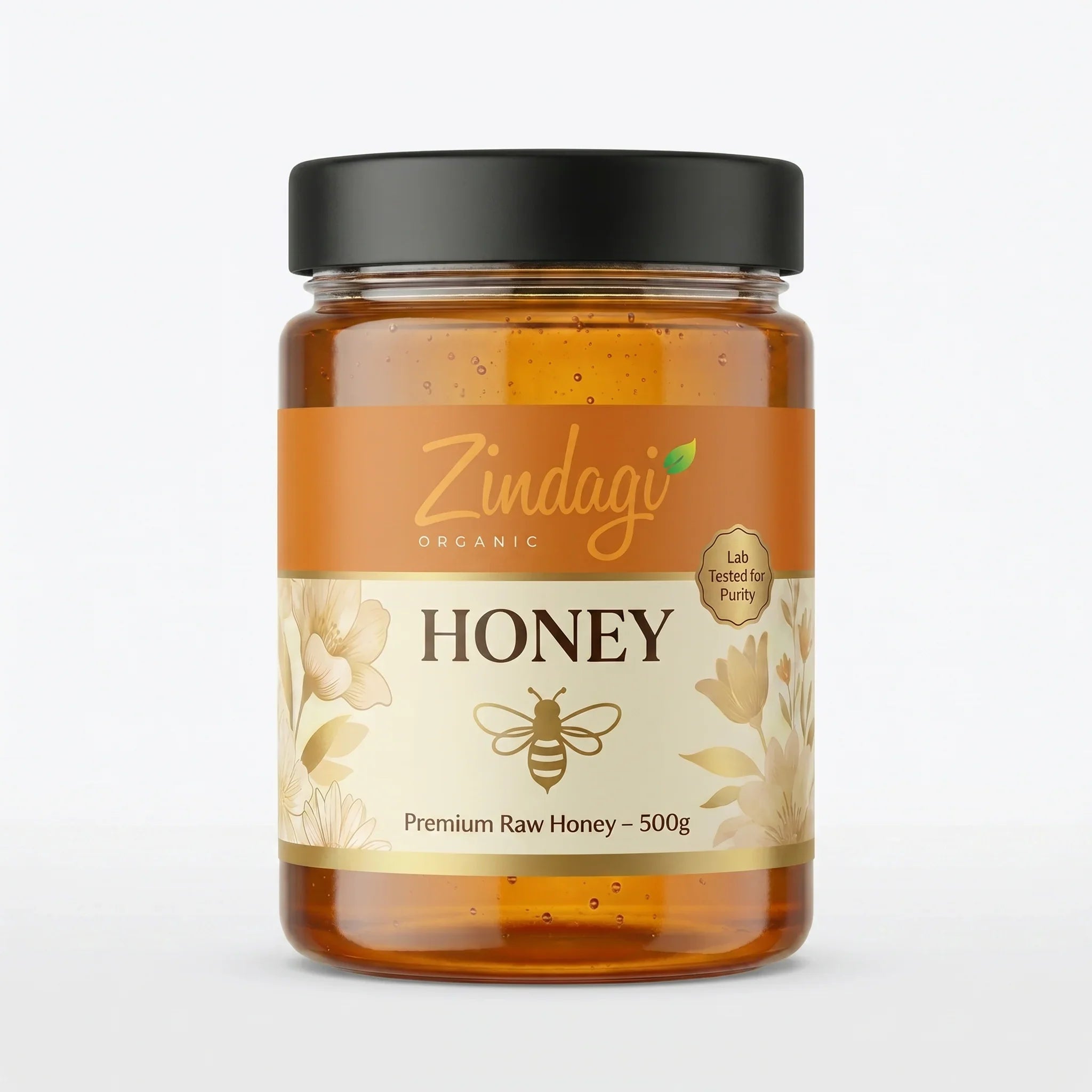 Organic Zindagi Premium Raw Honey – 500g, lab tested for purity, in clear jar with black lid Pakistan